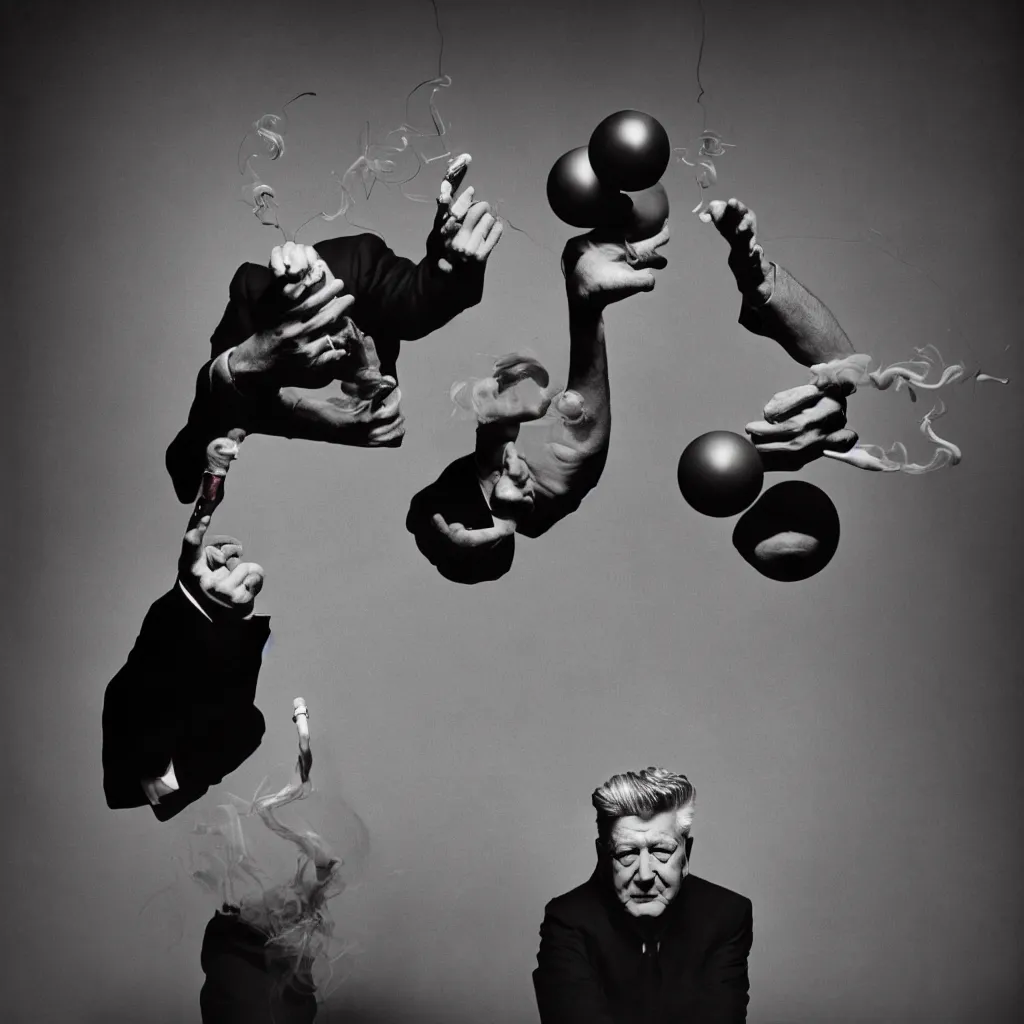 Image similar to award winning photo of david lynch smoking and playing with BALLS, vivid colors, happy, symmetrical face, beautiful eyes, studio lighting, wide shot art by Sally Mann & Arnold Newman