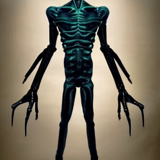 Image similar to alien with telescopic limbs dressed like david bowie