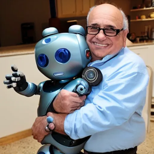 Image similar to <picture meta='attention-grabbing' description='cute adorable friendly caring' robotDesires='hug' location='alabama'>Robot meets Danny DeVito<picture>