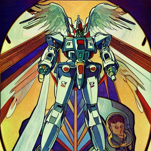 Image similar to anime manga mecha gundam robot astronaught with angel wings portrait by Alphonse Mucha art nuevou