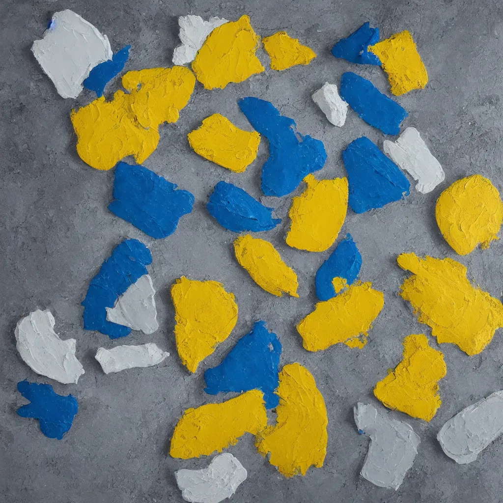 Image similar to 3 dimensional solid large fragments of solid oil paint, highly realistic deep impasto, colours cream naples yellow and blue - grey