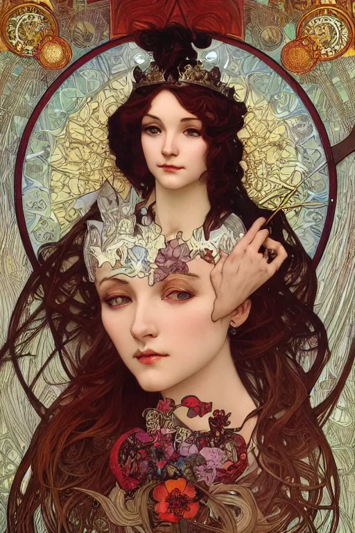 Prompt: realistic detailed face portrait of the Queen of Diamonds by Alphonse Mucha, Ayami Kojima, Amano, Charlie Bowater, Karol Bak, Greg Hildebrandt, Jean Delville, and Mark Brooks, Art Nouveau, Neo-Gothic, gothic, playing card suit diamonds, red diamonds, playing cards, rich deep moody colors