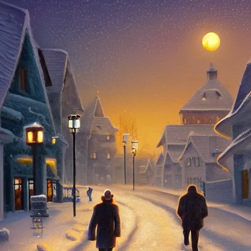 Image similar to winter town centre inspired by Evgeny Lushpin, Peter Zumthor,bus,people walking winter sunset,full moon,p