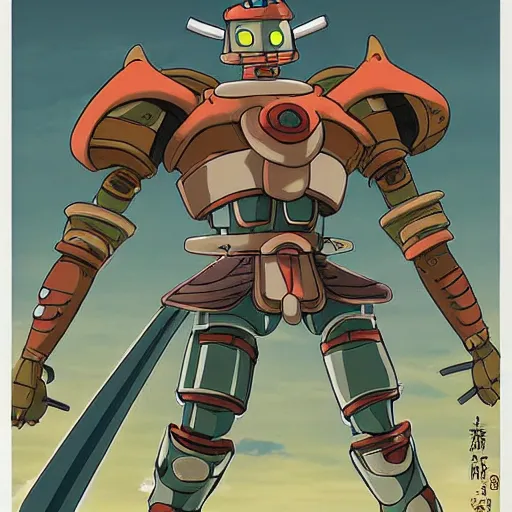 Image similar to A cell animation of a robot samurai, Nausicaa of the Valley of the Wind, Miyazaki Hayao, ghibli style, illustration, anime, trending on artstaion