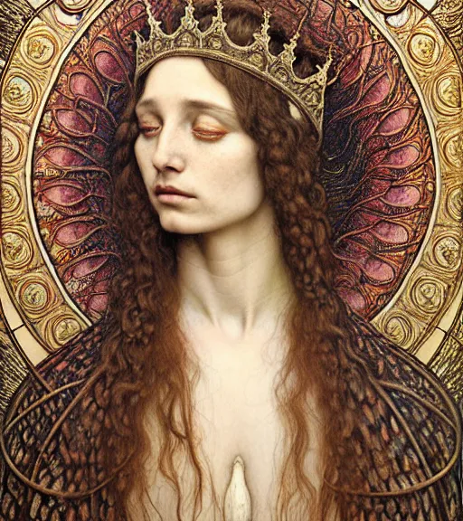 Image similar to detailed realistic beautiful young medieval queen face portrait by jean delville, gustave dore and marco mazzoni, art nouveau, symbolist, visionary, gothic, pre - raphaelite. horizontal symmetry by zdzisław beksinski, iris van herpen, raymond swanland and alphonse mucha. highly detailed, hyper - real, beautiful