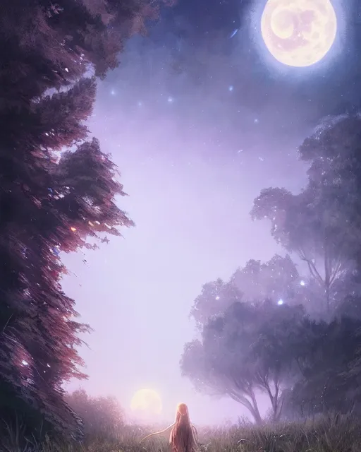 Image similar to girl looks at the space, d & d, fantasy, mist, full moon in background, trees, hyper detailed, art by artgerm and greg rutkowski and magali villeneuve, midium shot, 8 k realistic, cryengine, digital painting, trending on artstation, concept art, sharp focus, illustration,