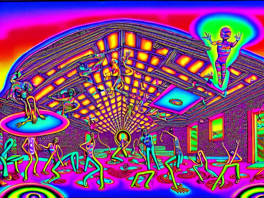 Image similar to a house party, epic angle, happy, psychedelic, hip hop, surreal, neon, vaporwave, detailed, illustrated by Alex Grey, 4k