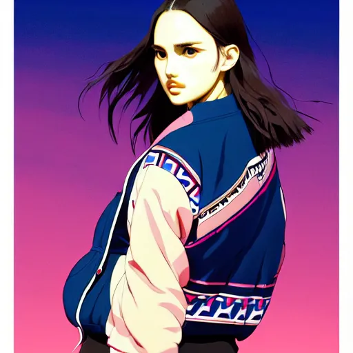 Image similar to a beautiful plus sized model japanese natalie portman, alluring, wearing oversized mayan bomber jacket and leotard with overalls, bulky poofy bomber jacket with mayan patterns, aztec street fashion, gapmoe yandere grimdark, trending on pixiv fanbox, painted by greg rutkowski makoto shinkai takashi takeuchi studio ghibli, akihiko yoshida