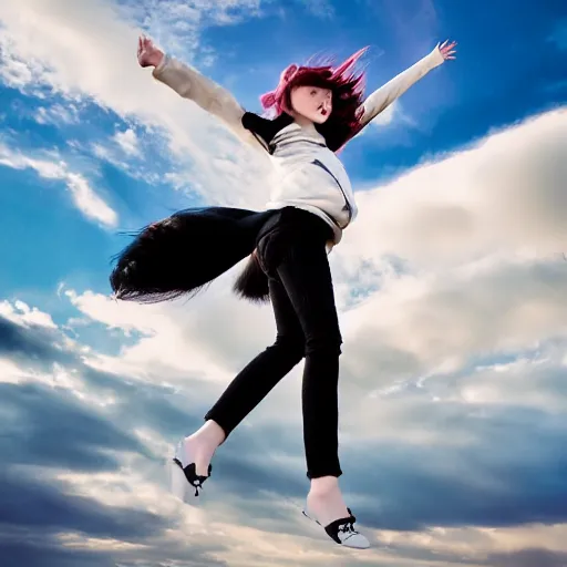 Image similar to 1 7 - year - old pale - skinned girl with black long bob cut, long bangs, black gothic jacket, black jeans, flying through sky, ultra - high jump, late evening, blue hour, cirrus clouds, pearly sky, ultra - realistic, sharp details, subsurface scattering, blue sunshine, intricate details, hd anime, 2 0 1 9 anime