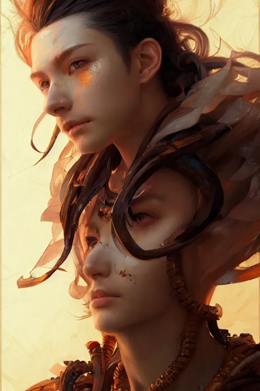 Image similar to A masterpiece portrait of a Incredibly beautiful queer Syberian post apocalyptic shaman girl . medium shot, intricate, elegant, highly detailed. trending on artstation, digital art, by Stanley Artgerm Lau, WLOP, Rossdraws, James Jean, Andrei Riabovitchev, Marc Simonetti, Yoshitaka Amano