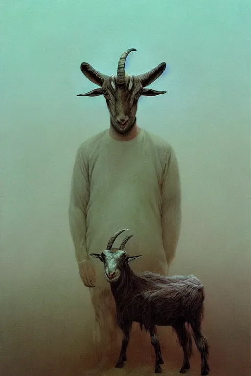 Image similar to painting of hybrid between human andy milonakis and a goat, by zdzislaw beksinski, by tiffany bozic, cold hue's, warm tone gradient background, concept art, beautiful composition, digital painting