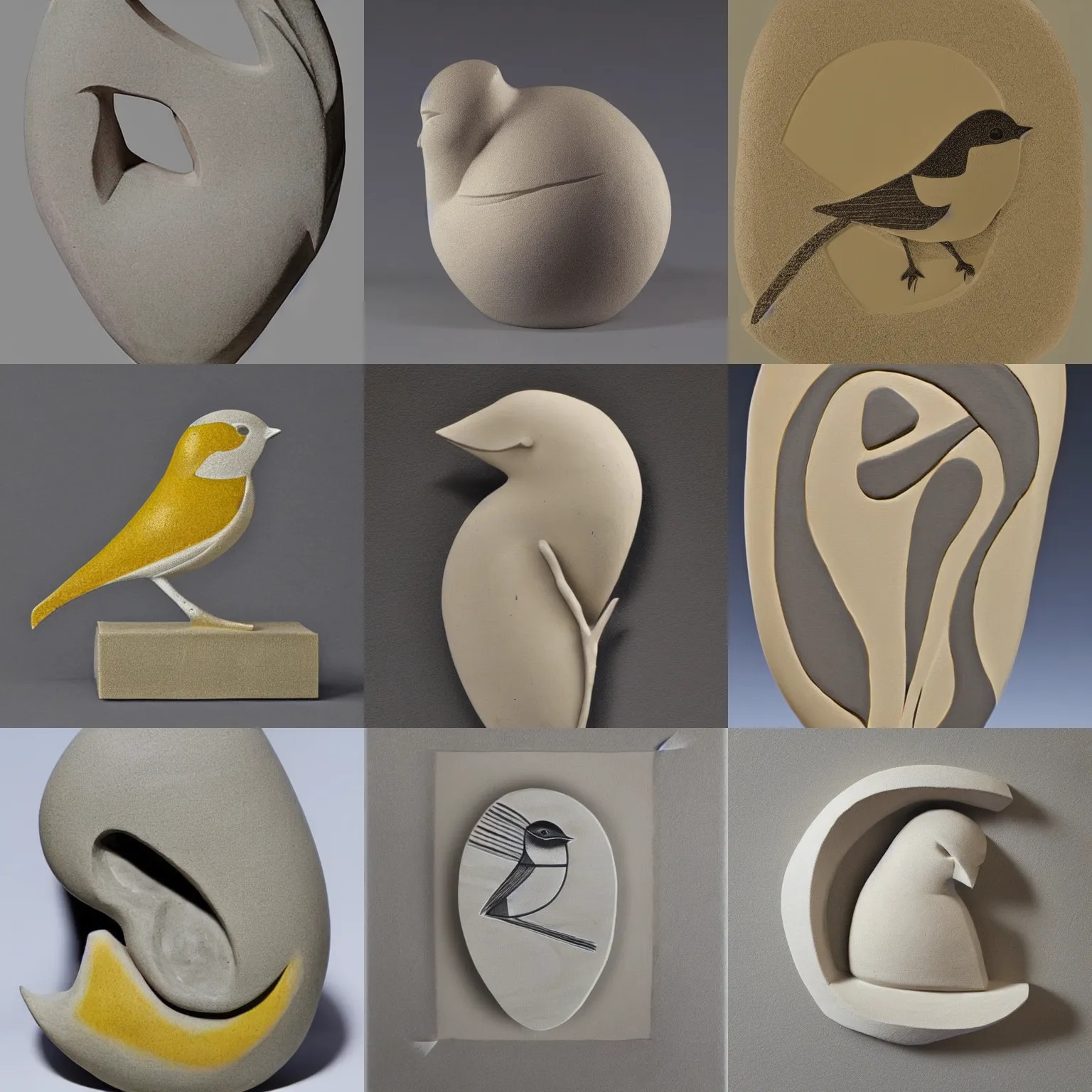 Prompt: engraving of chickadee cycladic sculpture, payne's grey and yellow ochre