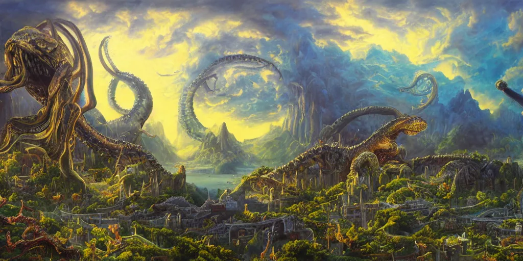 Image similar to fantasy oil painting, great leviathan, cybernetic turtle cephalopod terrapin reptilian pachyderm squid, bella hadid, hybrid, milla jovovich, anubis epic islamic city, natural light, lush plants flowers, spectacular mountains, bright clouds, luminous sky, outer worlds, golden hour, michael cheval, edward hopper, michael whelan, hd