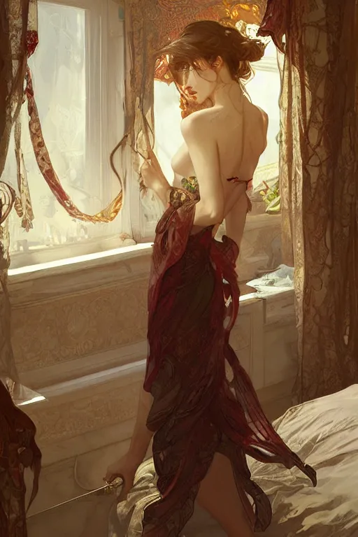 Image similar to emily ratajkowski, bedroom, intricate, elegant, highly detailed, digital painting, artstation, concept art, smooth, sharp focus, illustration, art by krenz cushart and artem demura and alphonse mucha