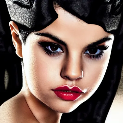 Prompt: A portrait of Selena Gomez as Catwoman, extreme close-up, dramatic lighting
