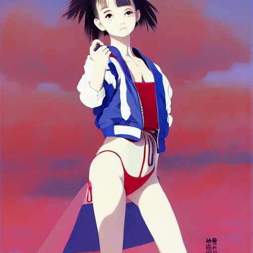 Image similar to a beautiful japanese natalie portman gravure model, wearing oversized native designer bomber jacket and leotard with overalls, bulky poofy bomber jacket with mesoamerican patterns, mesoamerican native street fashion, gapmoe yandere grimdark, trending on pixiv fanbox, painted by greg rutkowski makoto shinkai takashi takeuchi studio ghibli, akihiko yoshida