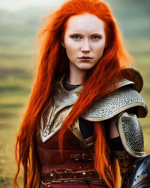 Image similar to north female warrior, red hair, ginger hair, long hair, fantasy, female Viking, high detailed, photography, cloudy, lightweight leather armour, Scandinavia, plain, detailed face, cute face, model, glowing skin, serious face, full body, professional photographer, masterpiece, 8k, 3D