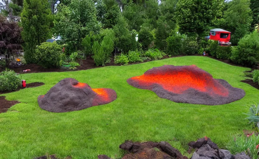 Image similar to suburban yard with miniature volcano erupting in the yard, ground level, lava shower, lava river