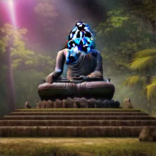 Prompt: a dramatic picture of a giant buddha in an abandoned jungle temple ruin, photorealistic, volumetric lights, highly detailed