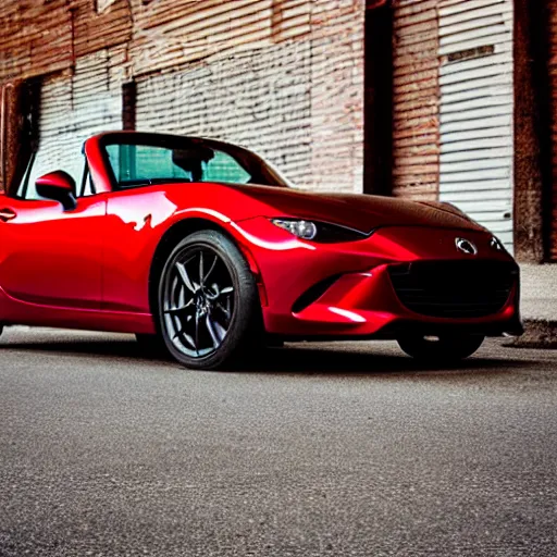 Prompt: 105mm photo of car full view mid distance photograph red Mazda Miata parked on street from 2020