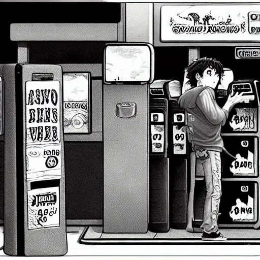 Image similar to a man inside of a gas station trying to buy a dinosaur, by kentaro miura