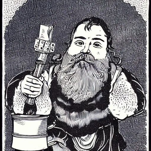 Image similar to dwarf with beard, holding a bomb, dnd, high detail, fantasy, in the style of vintage antique illustration and line drawing or engraving