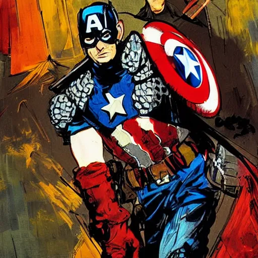 Prompt: captain America in medieval knights battle armor, by Ashley Wood, Yoji Shinkawa, Jamie Hewlett, 60's French movie poster, French Impressionism, vivid colors, palette knife and brush strokes, Dutch tilt