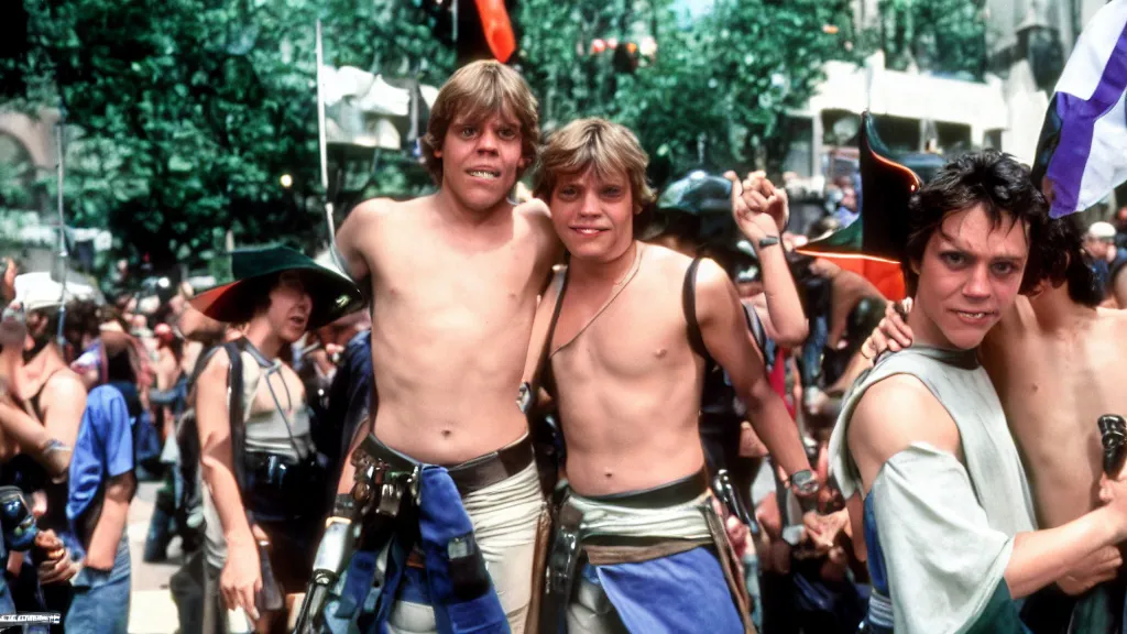 Image similar to rotj luke skywalker and the mandalorian go to pride, getty images, victorious, flags, parade, gay rights, bright smiles, daylight, twenty three year old luke skywalker and din djarin at gay pride, 3 5 mm photography, young mark hamill and pedro pascal, very happy, smiling