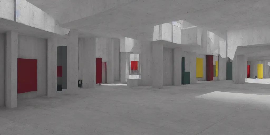 Prompt: coloured 3 d octane model of a brutalism art gallery, highly detailed