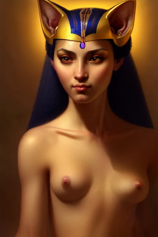 Image similar to softly lit portrait of the beautiful egyptian goddess, bastet, bast, woman / cat hybrid, soft torchlight in an egyptian tomb, digital art by ruan jia and mandy jurgens and artgerm and william - adolphe bouguereau, highly detailed, trending on artstation, award winning,