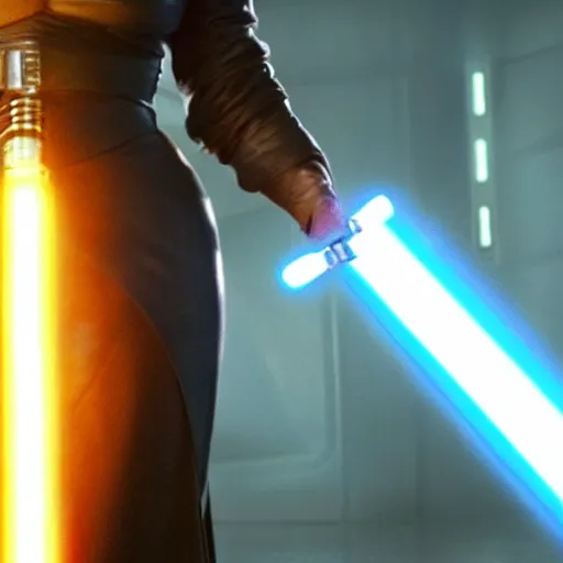 Prompt: kim kardashian holding a lightsaber in star wars episode 3, 8k resolution, full HD, cinematic lighting, award winning, anatomically correct