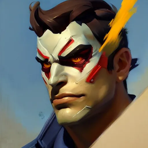 Image similar to Greg Manchess portrait painting of two face as Overwatch character, medium shot, asymmetrical, profile picture, Organic Painting, sunny day, Matte Painting, bold shapes, hard edges, street art, trending on artstation, by Huang Guangjian and Gil Elvgren and Sachin Teng