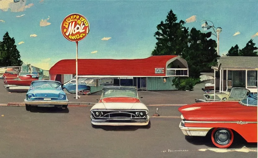 Image similar to 1 9 6 0 s americana painting of a motel and motel sign with cars parked outside by norman rockwell