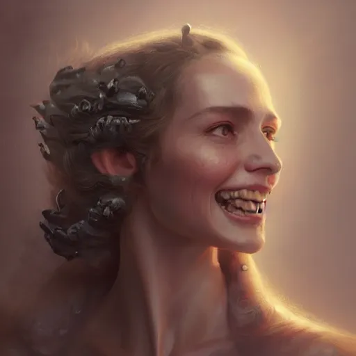 Image similar to portrait of a woman, happy, smile, fun, intricate, elegant, highly detailed, digital painting, artstation, concept art, matte, sharp focus, illustration, octane render, unreal engine, art by aenaluck and roberto ferri and greg rutkowski, epic fantasy, digital painting