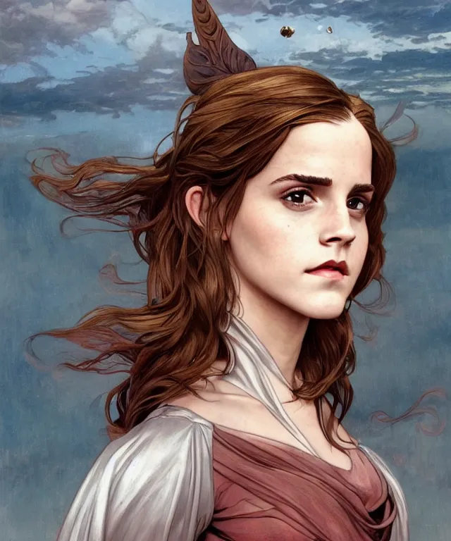 Image similar to Emma Watson as Lucifer morningstar, highly detailed, digital painting, artstation, concept art, smooth, sharp focus, illustration, ArtStation, art by artgerm and greg rutkowski and alphonse mucha and J. C. Leyendecker and Edmund Blair Leighton and Katsuhiro Otomo and Geof Darrow and Phil hale and Ashley wood and Ilya repin and Charlie Bowater