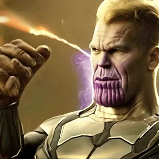 Image similar to a still from an avengers movie of thanos smoking a cigarette