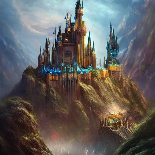 Image similar to Donald trump, perfect fces. | background = fantasy art landscape, fantasy city, fantasy kunst, fantasy castle, fantasy house, architecture mystery, artstation, house illustration