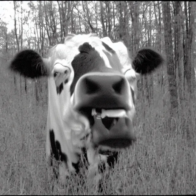 Image similar to trail cam infrared footage grainy VHS of smiling grinning wide-eyed cow-man