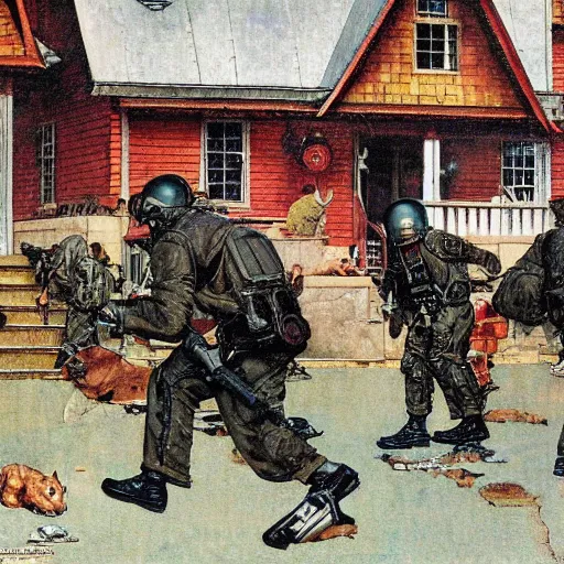 Image similar to A Norman Rockwell painting of a house being raided by a SWAT team, detailed, masterpiece