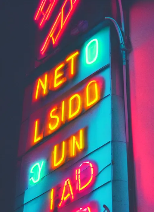 Prompt: a neon sign on the side of a building, cyberpunk art by elsa bleda, unsplash, postminimalism, glowing neon, neon, retrowave