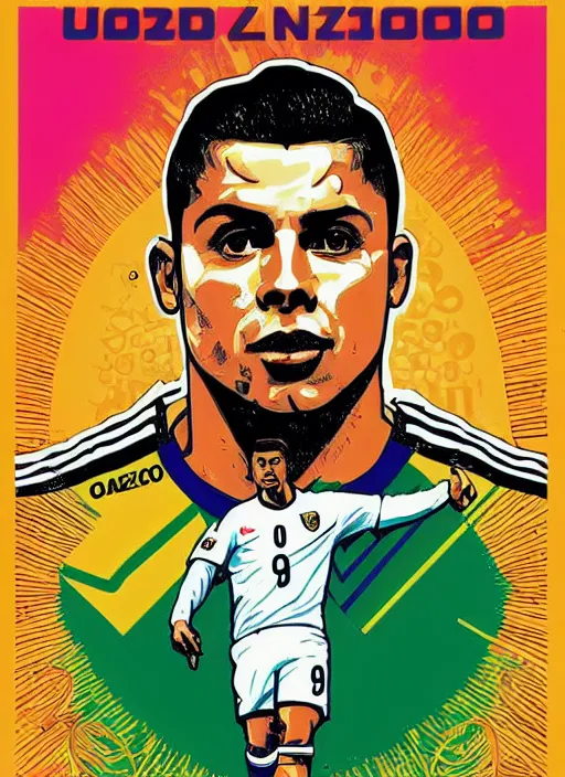 Prompt: og ronaldo nazario r 9 2 0 0 2 world cup brazil goal, poster art jason shawn alphonse mucha james jean liam brazier victo ngai tristan eaton, yellow and green