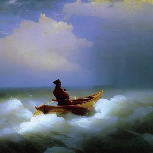 Prompt: a man in a rowboat by Ivan Aivazovsky