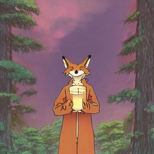 Image similar to a fox humanoid anime character carrying a candle in his hands, the forest, by studio ghibli