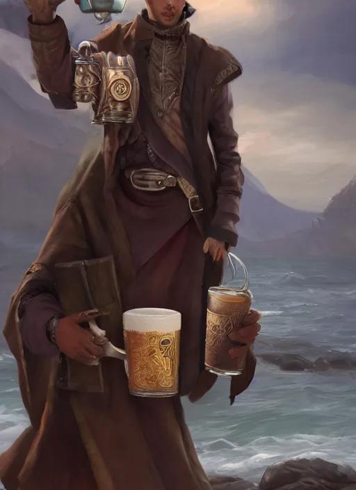 Prompt: Young man, slim, short black hair, pale, wearing a haramaki, holding a tankard of ale, digital art, realistic, Pathfinder, detailed, trending on artstation, sea in the background as drawn by Wayne Reynolds