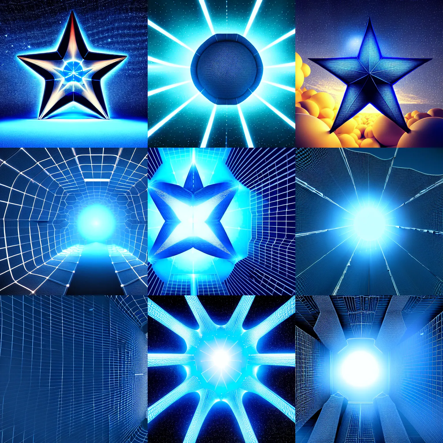 Prompt: a giant blue star hidden by an artificial megastructure mesh, dark background, highly detailed digital artwork, octane renderer, toon shading