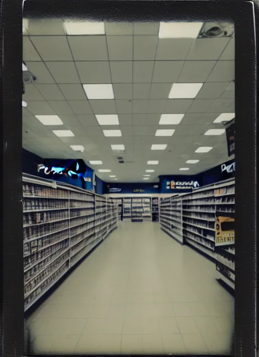 Prompt: polaroid photograph of the inside of an empty blockbuster store, liminal space, familiar place, mannequins, black mold, amateur, 3 5 mm, raw, 4 k, hd