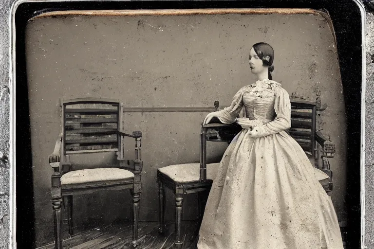 Image similar to detailed well - preserved daguerreotype of female android in beautiful victorian dress standing in decaying guest room with piano chairs furniture