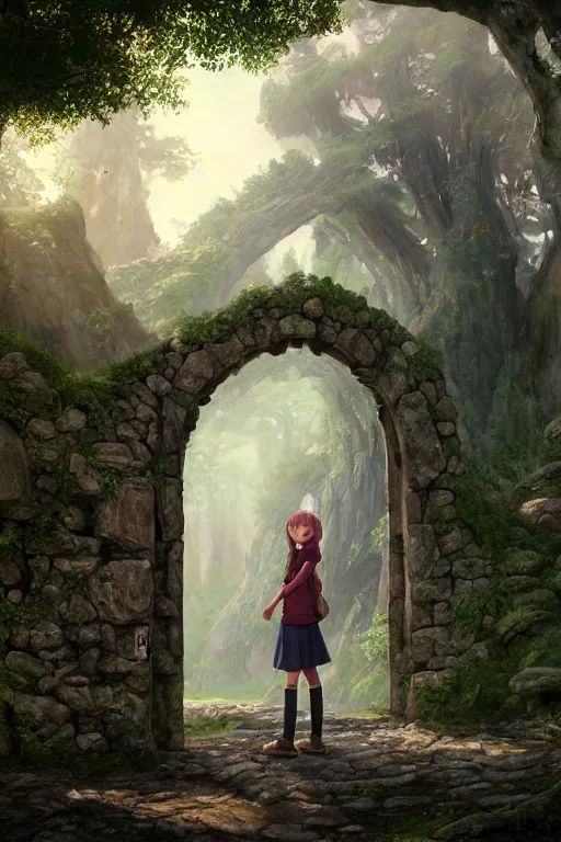 Image similar to a highly detailed matte painting of a teenager with shaggy hair and hip clothes standing in front of a stone gate in the elven forest ruins, by studio ghibli, by artgerm, by wlop, by greg rutkowski, red tones, volumetric lighting, octane render, 4 k resolution, trending on artstation, masterpiece