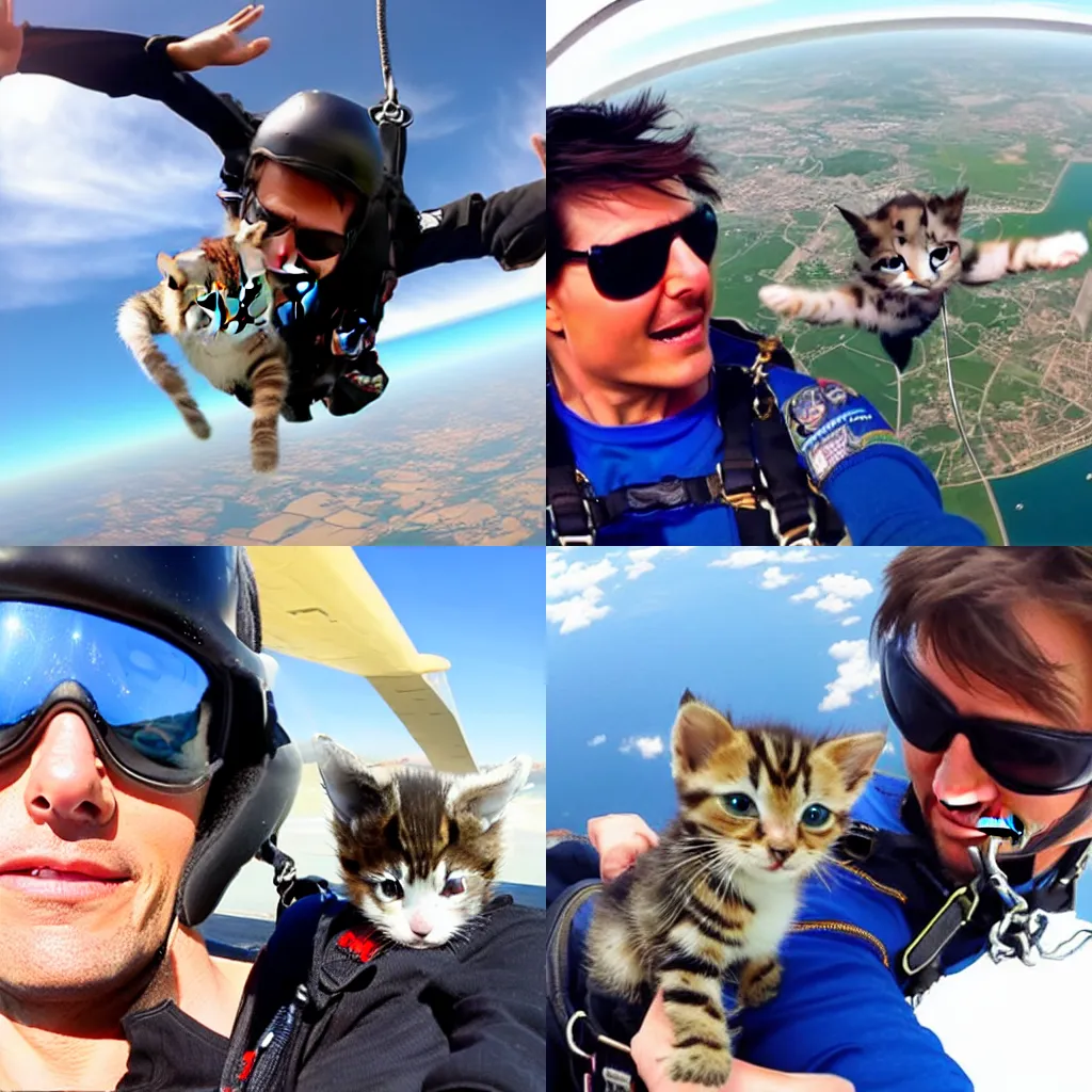 Prompt: Tom Cruise sky diving with a cute kitten, both wearing sunglasses, photorealistic