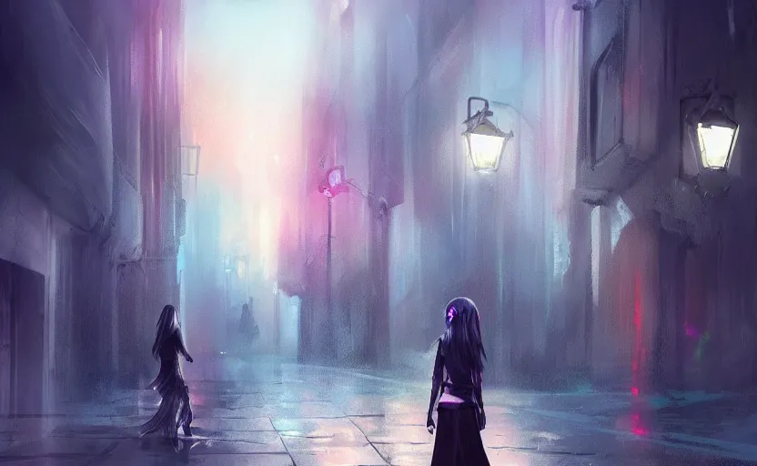 Image similar to A gothic girl is walking through a futuristic city street at night, it is rainig. Fantasy and concept art, colorful digital painting.